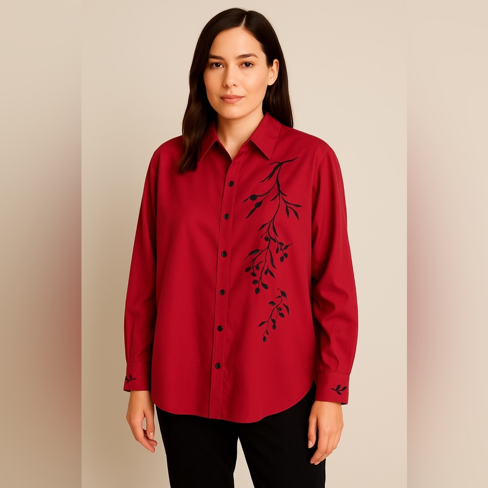 Coldwater Creek 100% Silk Blouse 1X Cranberry Black Embroidered Long Sleeve New